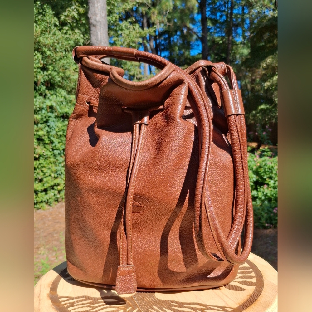 Rare Vintage Longchamp Brown Pebbled Leather Drawstring Bucket Bag